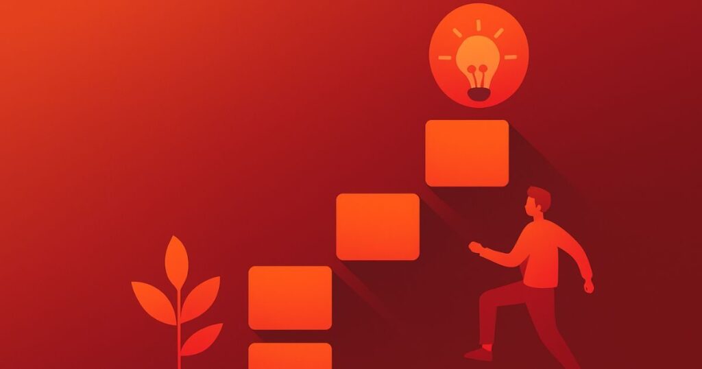 A simplified illustration in warm red and orange tones showing a person climbing steps towards a glowing lightbulb, with a leafy plant symbolizing growth.