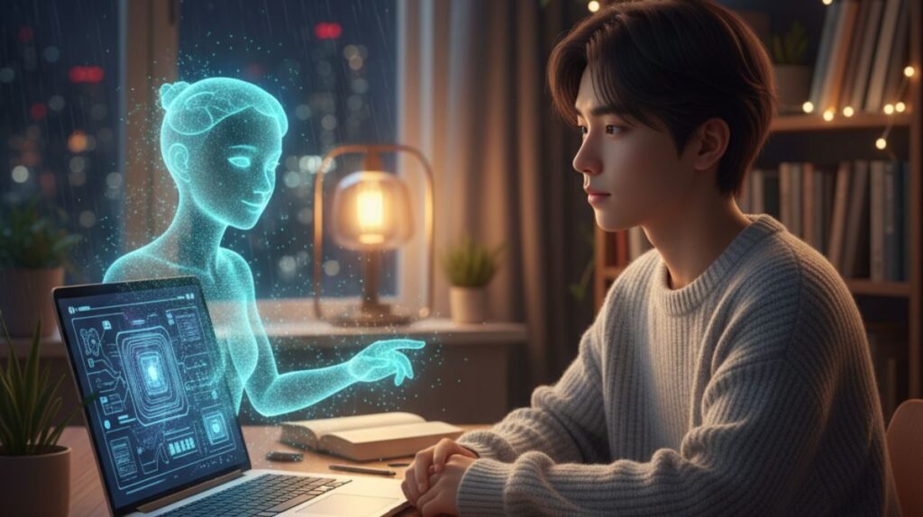 Student studying with holographic AI assistant