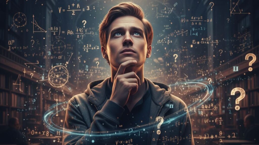 A thoughtful person stands before a glowing wall of questions and formulas, illuminated by soft cinematic light, symbolizing curiosity and deeper understanding.