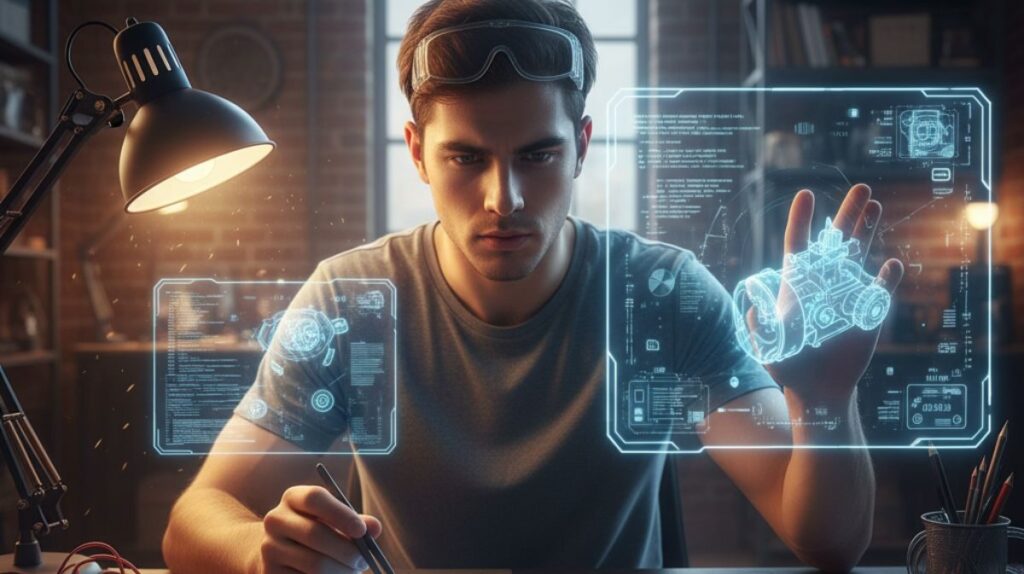 A young professional works in a hybrid space with real tools and digital holograms, representing the connection between practical skills and modern technology.